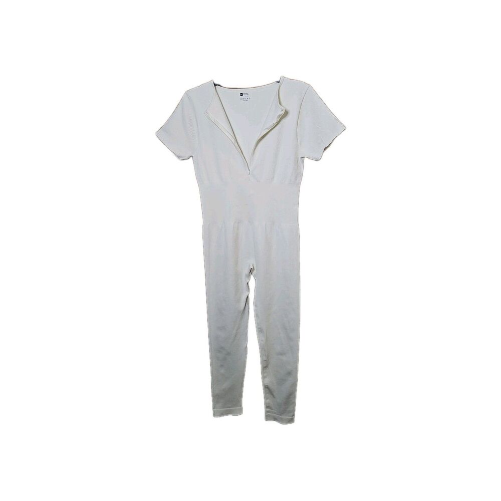 Jr. Womens XL Cream Ribbed One Piece Jumpsuit Yoga Short Sleeve Zip Workout New